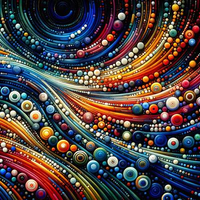 The primary subject of the image is a colorful, swirling pattern of circles and balls. The setting is a vibrant, swirling background that complements the main subject. The visual style is a combination of digital art and illustration, creating a dynamic and engaging scene. The colors and mood are predominantly bright and lively, with a sense of movement and energy.